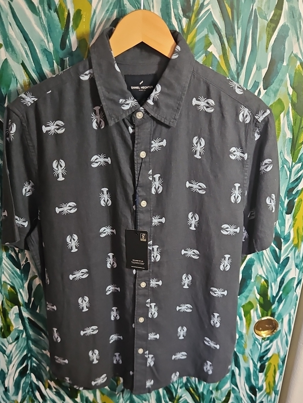 Daniel Hechter Men's 55% Linen Button-Up Shirt - Blue W Lobster Print - M - NWT